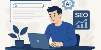 Illustration depicting the process of creating SEO optimised content using AI technology.