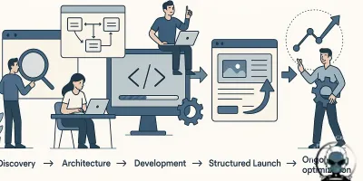 Infographic illustrating the lifecycle stages of a high-performing website lifecycle, development, structured launch, and ongoing optimisation.