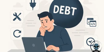 Illustration of technical debt in websites, highlighting plugin overload, patch fixes, inconsistent metadata, and conflicting redirects.