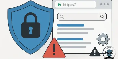 Illustration showing the security and SEO, relationship between HTTPS security measures and SEO rankings, including aspects like site integrity, downtime impact, malware risks, and plugin vulnerabilities.
