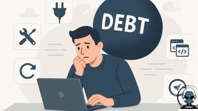Illustration of technical debt in websites, highlighting plugin overload, patch fixes, inconsistent metadata, and conflicting redirects.